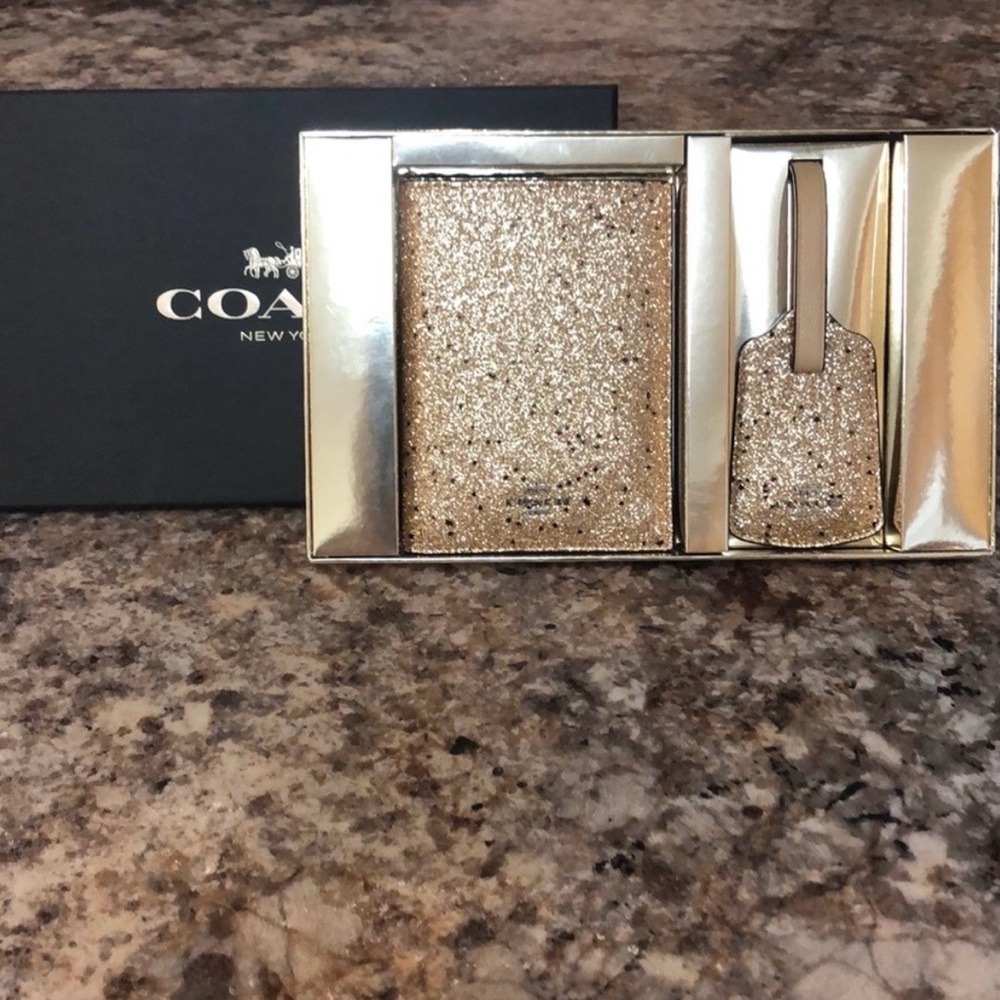 Coach Sparkling Gold Travel Set-passport holder & luggage tag